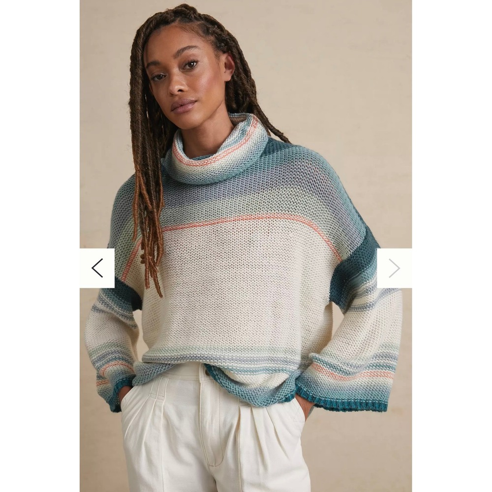Anthropologie Cowl Neck Sweater XS Cream Teal Striped Wool Blend Chunky Knit